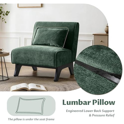Armless Accent Chair Comfy Upholstered Modern Living Room Side Chair | Comfy Small Accent Lounge Chair with Pillow & Wooden Legs Accent Chair for Living Room Bedroom Farmhouse Reading Green - color: Dark Green