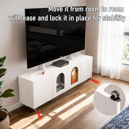 Pmnianhua Mobile Corner TV Stand on Wheels for 60" TVs,48" Portable TV Media Console with TV Mount Stand Shelf and 4 Cabinets,Corner Entertainment Center with Storage Shelves for Living Room(white)