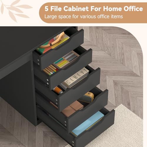 47 Inch Small Computer Desk with 5 Drawers and Outlets for Home Office | Home Office Desks with Storage File Cabinet and Charging Station, Modern Simple Laptop Desk Writing Table, Black - color: Black