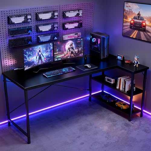 DUMOS L Shaped Desk, 55 Inch Computer Gaming Corner Desks with Shelves | Home Office PC Table, Writing Working Study Desk for Bedroom Dorm, Reversible Design, Black - color: Black, size: 55 in