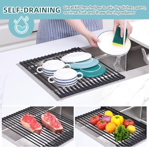 Ohuhu Roll Up Dish Racks, 16.5" L x 13" W Over The Sink Dish Drainer Drying Rack Kitchen Sink Organizer Silicone Wrapped Large in Sink Dish Drying Rack Foldable Rolling Drain Mats Anti-Slip - color: Black, size: 16.5"W x 13"L