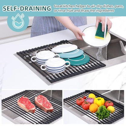 Ohuhu Roll Up Dish Racks, 16.5" L x 13" W Over The Sink Dish Drainer Drying Rack Kitchen Sink Organizer Silicone Wrapped Large in Sink Dish Drying Rack Foldable Rolling Drain Mats Anti-Slip - color: Black, size: 16.5"W x 13"L