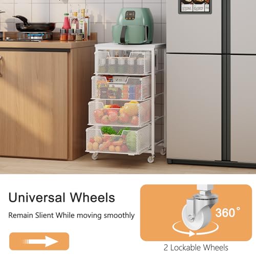 4-Tier Kitchen Storage Cart - Fruit Vegetable Storage Cart with Drawers, Wooden Top Metal Wire Kitchen Organizer and Storage Cart with Wheels to Storage Onions Potatoes Cans Snacks for Kitchen - size: 4-Tier White