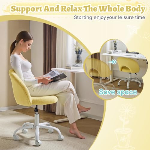 VINGLI Small Vanity Chair with Faux Fur Wheels for Girls,Cute Adjustable Height Armless Office Desk Chair,360°Swivel Comfy Rolling for Study,Make up Room,Small Space,Yellow - color: Furry Yellow
