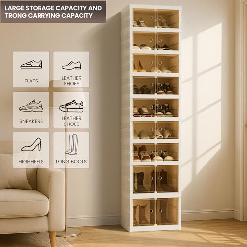 Foldable Shoe Organizer Storage Box, Portable Extra Large Folding Shoe Rack for Closet, Shoe Storage Box with Magnetic Transparent Door and Wheels, 9 Layers 18 Grids with 4 Big Grids - size: White 9 Layers-C