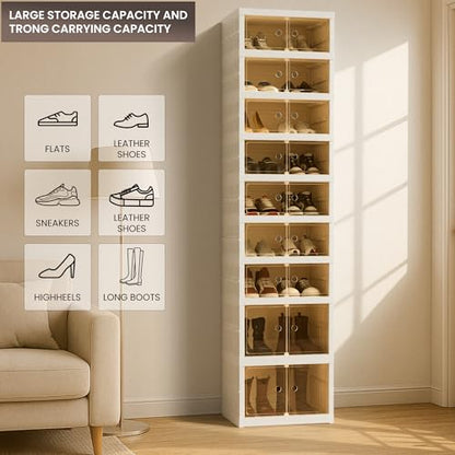 Foldable Shoe Organizer Storage Box, Portable Extra Large Folding Shoe Rack for Closet, Shoe Storage Box with Magnetic Transparent Door and Wheels, 9 Layers 18 Grids with 4 Big Grids - size: White 9 Layers-C