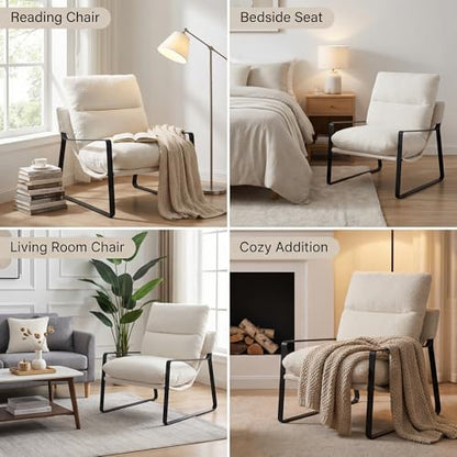 LukeAlon Modern Sherpa Accent Armchair, White | Sherpa Upholstered Living Room Chair With Metal Base & Thickened Cushion, Comfy Single Lounge Sofa for Bedroom, Office - color: Fur White