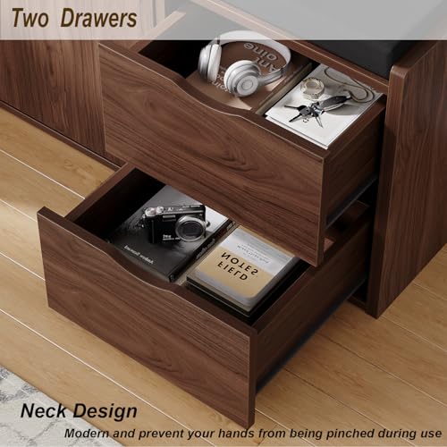 LVB 40” Entryway Bench with Padded Seat Cushion Shoe Bench with 2 Drawers | Wood Hidden Shoe Bench with 2 Drawers Cabinet, Industrial storage Bench for Foyer entrance Living Bedroom, Walnut Oak - color: Walnut Oak