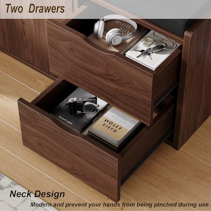 LVB 40” Entryway Bench with Padded Seat Cushion Shoe Bench with 2 Drawers | Wood Hidden Shoe Bench with 2 Drawers Cabinet, Industrial storage Bench for Foyer entrance Living Bedroom, Walnut Oak - color: Walnut Oak