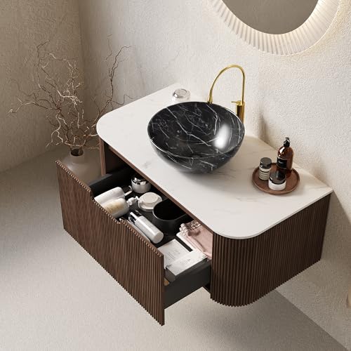 36” Floating Bathroom Vanity with Sink, Fluted Wall-Mounted Solid Wood Cabinet, Black Marble-Patterned Bowl Basin, Faux Marble Top, Soft-Close Drawer, Pre-Assembled, Walnut Woodgrain - color: 05 - Walnut Woodgrain, size: 36"