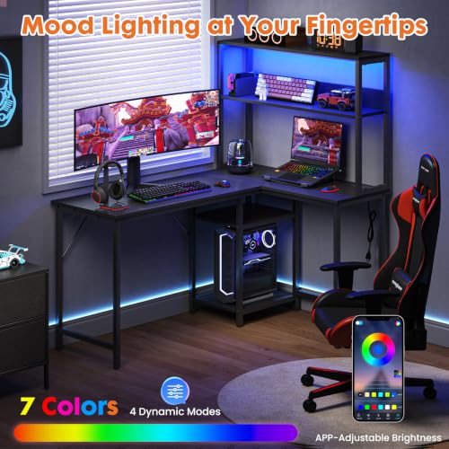 Sweetcrispy 53" Computer Desk, L Shaped Corner Gaming Desk, Power Outlet | Reversible Corner Computer Table, Adjustable Shelf CPU Stand, CPU Stand Hook, Home Office, Black - size: 53 Inch