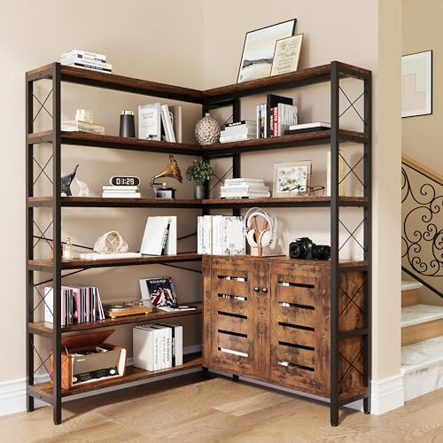 Wildhome 6-Shelf Corner Bookshelf, Vintage Industrial Corner Shelf Etagere Bookcase, Large Book Shelf with Metal Frame Open Storage Corner Cabinet (Brown-Lockers, Large) - color: Brown, size: Large With Storage Cabinet