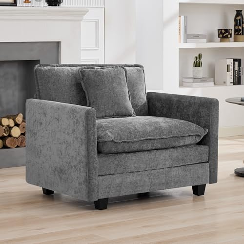 WUTUTUEE 41'' Modern Chenille Oversized Chair, Upholstered Accent Living Room Chair with Extra Thicked Deep Seat, Single Lounge Chair for Bedroom, Small Apartment, Grey - color: Grey, size: 41'' Single Seat