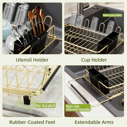 Dish Drying Rack-Large Stainless Steel Dish Drainer Over The Sink for Kitchen Countertop with Utensil Holder and Silicone Drying Mat(Gold, in Sink, 24.2'*13.2') - color: Gold, size: In sink,Extra Large