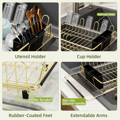 Dish Drying Rack-Large Stainless Steel Dish Drainer Over The Sink for Kitchen Countertop with Utensil Holder and Silicone Drying Mat(Gold, in Sink, 24.2'*13.2') - color: Gold, size: In sink,Extra Large