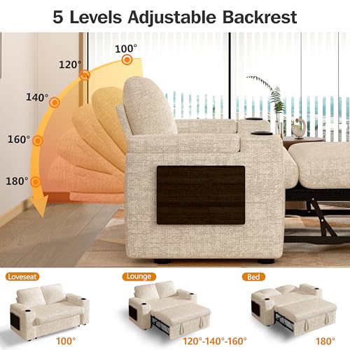 Vipbear 65" Loveseat Sleeper Sofa with Pull Out Bed, Chenille 3-in-1 Convertible Sofa Bed with Reclining Backrest|USB Ports|Cup Holders|Side Table|Storage Armrests, Tool Free Assembly, Beige - color: Beige