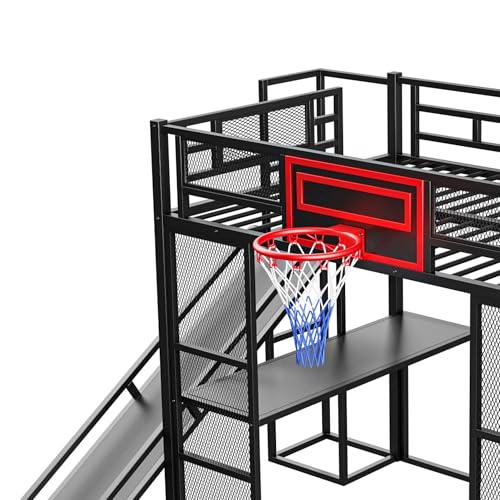 LUMISOL Full Size Loft Bed with Desk and Stairs, Heavy Duty Metal Loft Bed Frame with Storage Shelves and Basketball Hoop, Noise Free, No Box Spring Needed, Black - color: Black, size: Full with Slide