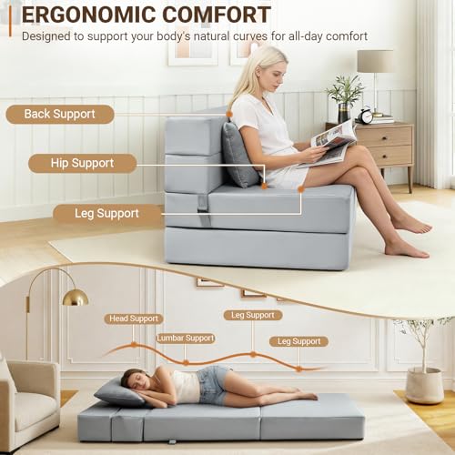 Folding Sofa Bed, Boneless Foldable Chair, Convertible Futon Sleeper Couch | Twin Lazy Floor Lounger Sofa Couch for Small Spaces, Dorm, Guest Room, Living Room, Apartment, Grey - size: Twin