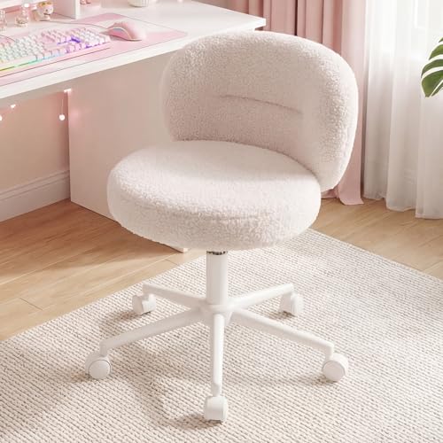 Homkdom Round Vanity Chair with Silent Wheels, 17.32" Wide Seat | Height Adjustable, 360 Swivel & Smooth Rolling, Armless Design for Makeup and Study - White - color: White