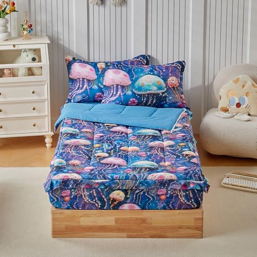 Kids Zipper Bedding Set for Girls and Boys, 3pcs Jellyfish Comforter Set Twin with Fitted Sheet and Pillowcases, All in One Zipper Bed in a Bag Super Soft Microfiber Lightweight, Pink Blue - color: Jellyfish Blue, size: Twin-3pieces