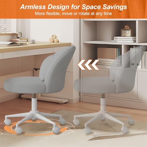 Desk Chair with Soft Cushion, Adjustable Height Armless Office Chair Upholstered Makeup Vanity Chair, Swivel Accent Chair for Living Room, Bedroom, Study, Home Office - color: Light Gray