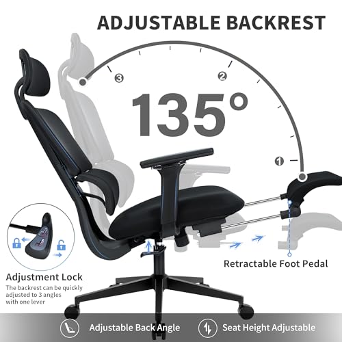 Ergonomic Office Chair with Footrest, 90-135° Reclining High Back Desk Chair with Lumbar Support, 2D Headrest, 4D Armrests, Computer Chair for Long Hours, Black - color: Black