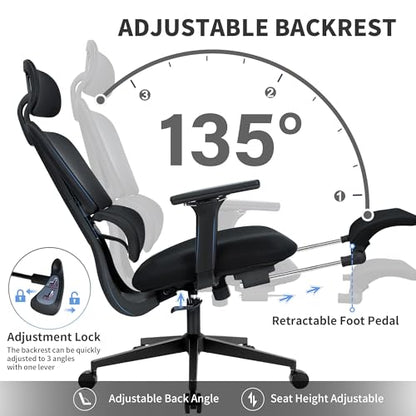 Ergonomic Office Chair with Footrest, 90-135° Reclining High Back Desk Chair with Lumbar Support, 2D Headrest, 4D Armrests, Computer Chair for Long Hours, Black - color: Black