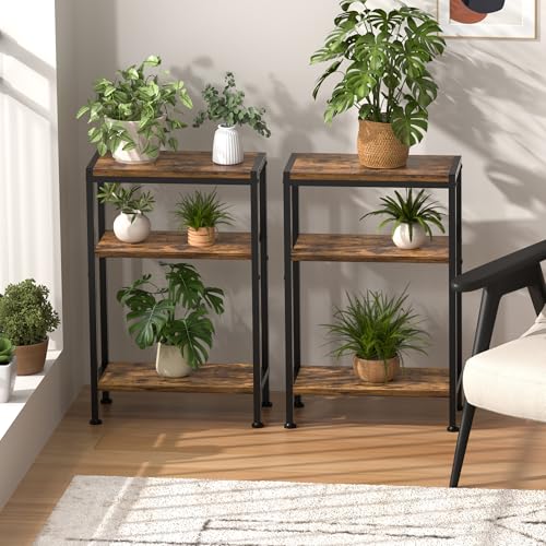 Narrow Side Table set of 2 for Small Space, 3 Tier Slim End Table, Thin Nightstand, Skinny Snack Couch Table, Sofa bedside Table in Living Room, Bedroom, Study, kitchen and Balcony (Rustic Brown) - color: Rustic Brown, size: 3-Tier (7.9''D*17''W*26.6''H)