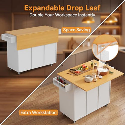 YESHOMY 56" Kitchen Island with Trash Can Storage, Drop Leaf Kitchen Island with Storage, 2 Drawers, 5 Wheels, Spice Rack & Towel Holder, White and Yellow Oak - color: White and Yellow Oak