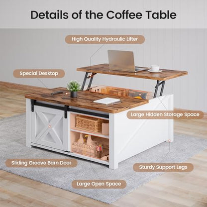SEDETA 31.5" Lift Top Coffee Table with Storage, Square Coffee Tables for Living Room, Farmhouse Coffee Table with Large Hidden Storage Compartment and Adjustable Shelves, White - color: White