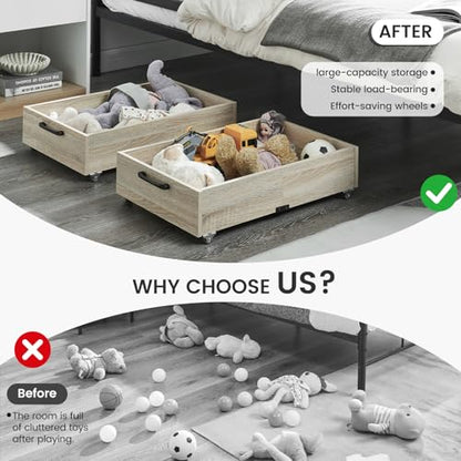 2-Pack Under Bed Storage Drawers Organizer with Wheels, Oak | 58L total capacity, 80 lb per Drawer, Fits 6 in Bed Clearance, Rolling Drawers for Shoes, Clothes, Linens, Toys - color: Oak