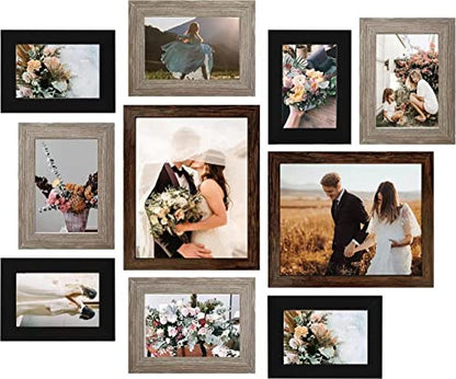 LUCKYLIFE Gallery Wall Frame Set, Picture Frames Collage 10-Pack for Wall or Tabletop with 8x10 5x7 4x6 Frames in 3 Different Finishes - color: Brown&Gray&Black