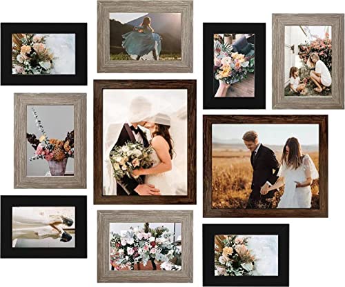 LUCKYLIFE Gallery Wall Frame Set, Picture Frames Collage 10-Pack for Wall or Tabletop with 8x10 5x7 4x6 Frames in 3 Different Finishes - color: Brown&Gray&Black