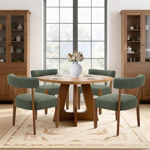 RNKSFX Upholstered Green Dining Chairs Set of 2, Walnut Wooden Kitchen & Dining Room Chairs, Mid Century Modern Fabric Farmhouse Dining Chairs Oversized Sturdy Rounded Chairs Curved Back - color: Green