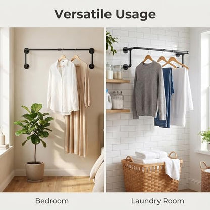 Industrial Pipe Clothing Rack, Hanging Clothes Rod, Wall Garment Rack | Heavy Duty Space Saving Clothes Bar, Metal Clothing Hanging Rails for Closet Home Bedroom Retailer Laundry, Black, 2Pcs