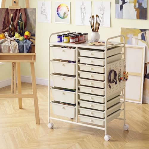 GOFLAME 15-Drawer Rolling Storage Cart with Pegboard, Craft Storage Cart with Lockable Wheels and Metal Frame, Art Cart Supply Storage Organizer for Home Office Classroom, White - color: White, size: 15-drawer with Pegboard-25"x14.5"x34.5"