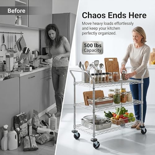Finnhomy 3-Tier Commercial Grade Rolling Cart, Heavy Duty Utility Cart with Wheels and Handles, Metal Kitchen Carts on Wheels with 500 lbs Capacity, Shelf Size 20" D x 36" W, NSF - size: 20"D x 43.3"W x 39.7"H