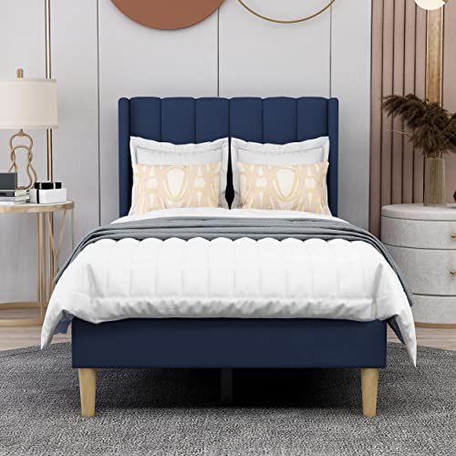 AGARTT Upholstered Platform Bed Frame Twin Size, Blue Velvet | Headboard and Footboard/Wooden Slats Support/No Box Spring Needed/Easy Assembly - color: Blue Velvet, size: Twin
