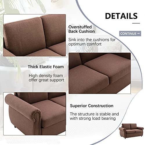 Pull Out Sleeper Sofa Loveseat Sleeper, Linen Upholstered Couch with Twin Size Memory Foam Mattress, for Living Room Small Spaces (Brown-Pull Couch) 59 L *31.1W*35.4H inches