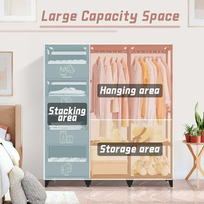 Portable Closet, Easy Assembly, Large Capacity Wardrobe Closet | Sturdy and Stable Clothes Rack with Shelves 4 Storage Baskets and 2 Hanging Rods, for Bedroom and Cloakroom 50 In Black - color: Black