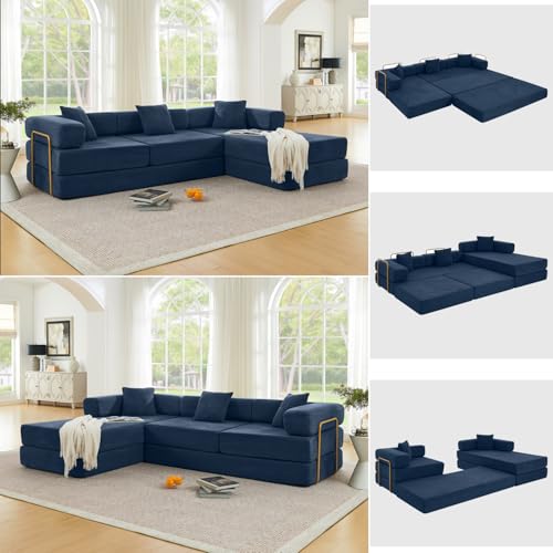 HANXIN 108 Inch Convertible Sleeper Sofa Bed, Folding Floor Mattress Couch with Fixed-Shape Frame, Futon Boneless Couch Lounge Loveseat with Pull Out Bed, No Assembly Required (Blue) - color: Blue, size: 108" L-Shaped Sofa Bed
