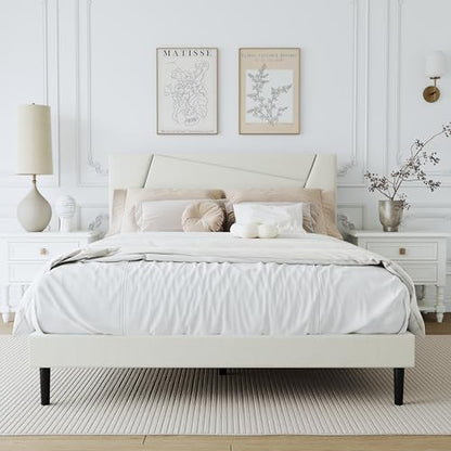 Full Size Upholstered Bed Frame Frame with Headboard，Velvet Beige | Geometric Head Board Platform Bed, Sturdy Wooden Slats, Noiseless No Box Spring Required, Easy to Assemble - color: Beige, size: Full