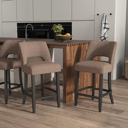 VKNOW Bar Stools Set of 2, 26" Upholstered Counter Height Bar Stools | Modern Counter Stools with Black Rubberwood Legs for Kitchen Island Dining Room Bar, Brown-Black Legs - color: Brown-black Legs, size: Set of 2
