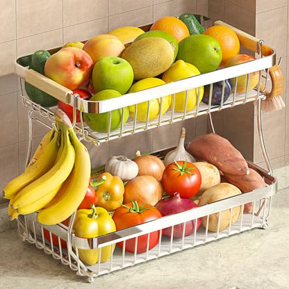 2-Tier Fruit Basket with Banana Hangers, Detachable Metal Bowl | Wooden handle, protective mats included. Versatile holder for bread, snacks, and veggies. Large 2 tier metal design. - color: Silver, size: 2 Tier