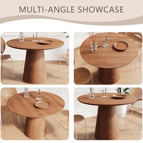 43" Round Dining Table Modern for 4, Natural Wood Grain Circle Kitchen Table with Cone Wood Pedestal Base, Mid Century Circular Dining Table for Living Room, Walnut - color: 43 Inch Walnut