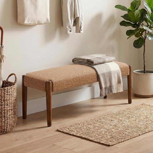 Usaint 42" End of Bed Bench with Wood Legs, Orange with Walnut Leg | Modern Upholstered Bedroom Bench with Rubberwood Legs, Entryway Bench with Cushion, Dining Bench for Living Room, Bedroom - color: Orange With Walnut Leg