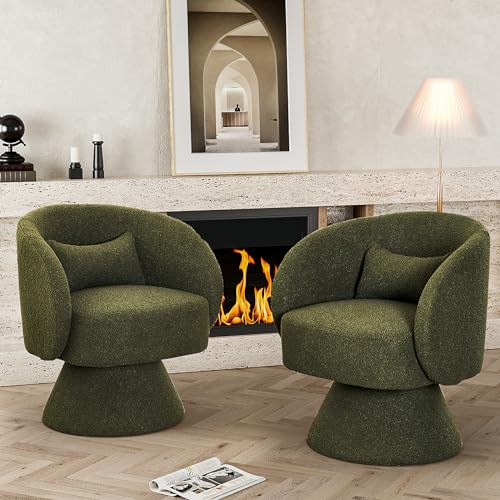Swivel Barrel Chair Set of 2 , 360 Degree Small Accent Chair, Boucle Green | Modern 360 Degree Swivel Barrel Chair Set, Comfy Small Vanity Accent Chair with Pillow for Living Room,Bedroom,Office - color: Emerald Green