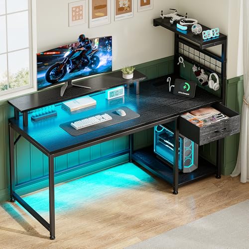 EnHomee 40" Gaming Desk with Drawer, Storage Shelves & LED for Gaming Room | Storage Drawer & Shelves Plus Remote LED Lights; Hold Gadgets and Create Ambient Vibe for Living & Gaming Corner, Black - color: Black, size: 40" W