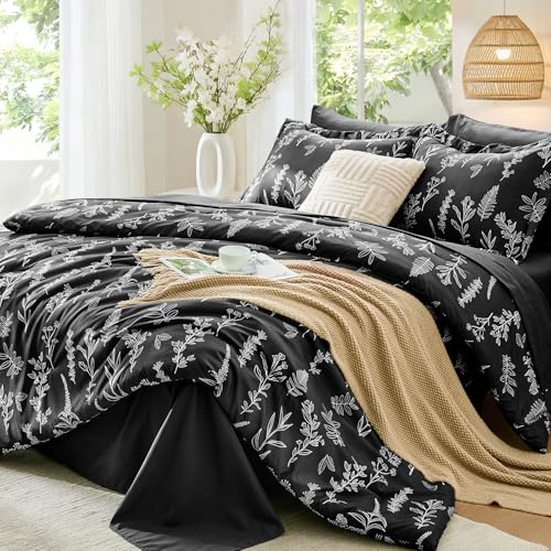 Black Twin Comforter Set, Elegant Floral Print Bed in a Bag 5 Pieces, Ultra Soft & Breathable Reversible Botanical Pattern Bedding Set with Comforter, Sheets, Pillowcase, and Sham - color: Black Leaves, size: Twin(68"x 88")