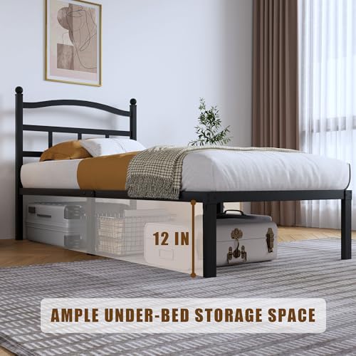 SHOANED 14 Inch Metal Bed Frame - Twin Size Heavy Duty Bedframe with Headboard Black Basic Steel Slats Platform No Box Spring Needed/Easy Assembly/Noise Free - size: Twin, style: 14 Inch with Headboard